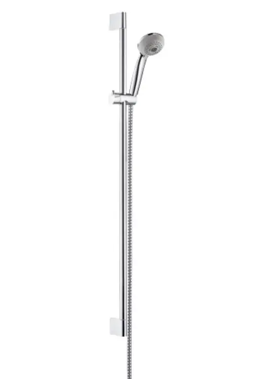 Hansgrohe Brauseset mit verstellbarer Brausestange und Handbrause. Das Set wirkt in Chrom und ist für die Montage in Duschbereichen konzipiert.